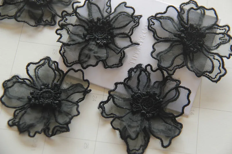 10PC/ Lot  black flower patches lace patch 3D handmade floral headwear wedding dress clothes sewing accessories