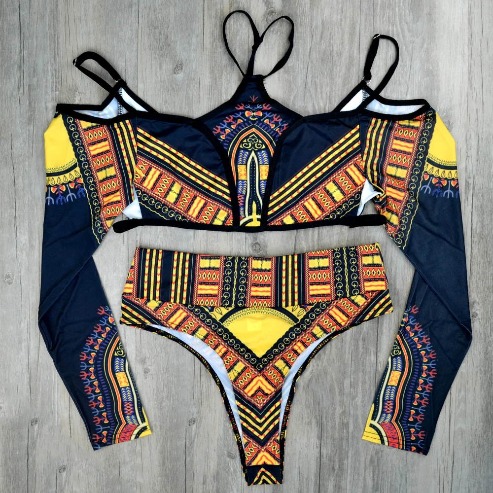 African Drucken Hohe Taille Bikini Frauen Badeanzug Langarm Bademode Weibliche Off Schulter Zwei stück Bikini set Badeanzug Schwimmen