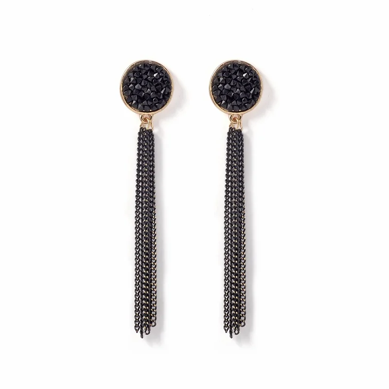 Women Golden Alloy Black Round Long Tassel Eardrops Simple Dangle Drop Earrings