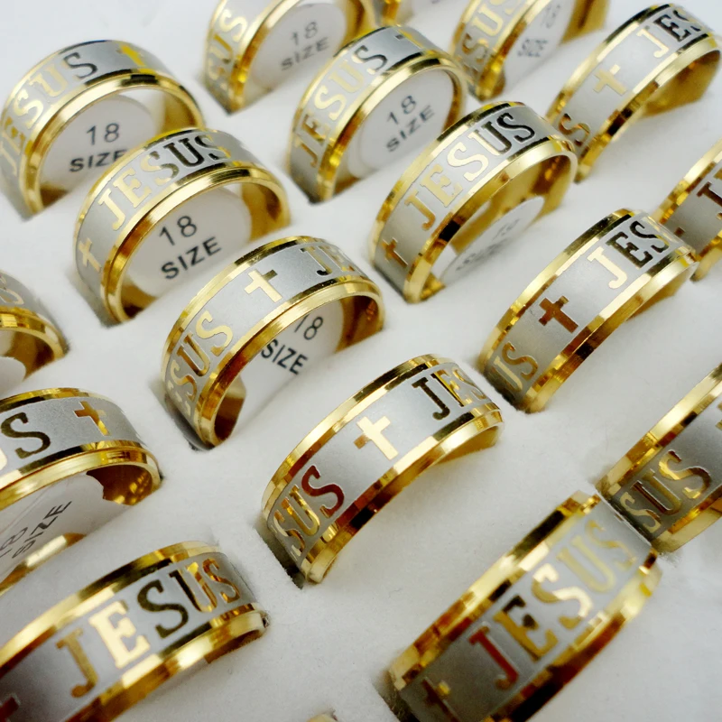 100Pcs Jesus Cross Gold Stainless Steel Ring For Men Women Jewelry Rings Lots RL003