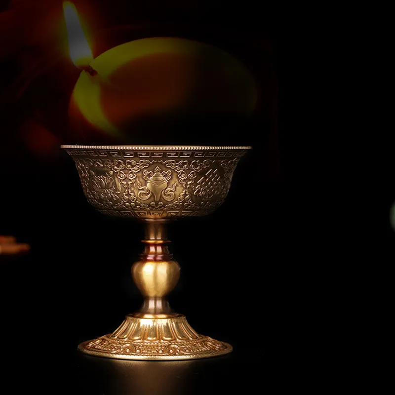 8.8cm Pure Copper Exquisite Carving Buddhist Eight Auspicious Symbol Plating Long Life Butter Lamp Base for Temple Decorations