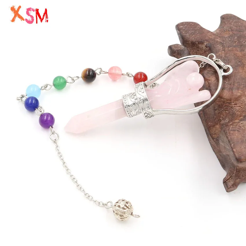 XSM Natural Stone Crystal Hexagonal Pendulum Angel Pendant Spiritual Reiki Healing Pendants 7 Chakra Chain Charms Jewelry 1 Pcs