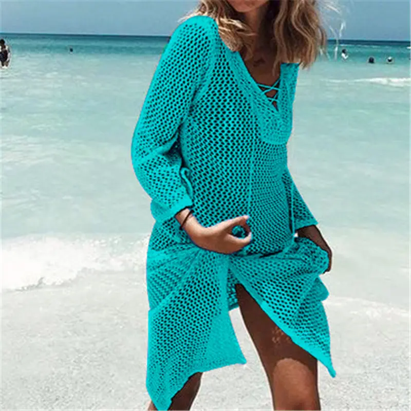 

Lace Up Knitted Hollow Out Beach Dress Tunic 2023 Summer Women Bikini Cover Up Crochet Long Sleeve Dress Swimsuit Cover Ups