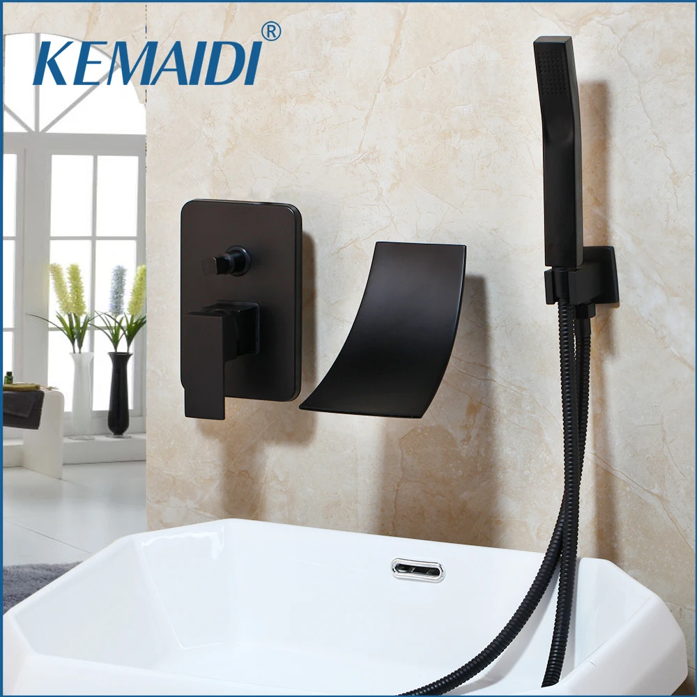 KEMAIDI Brass Black Shower Set Bathroom Faucet Wall Mounted Rainfall Shower Head Diverter Waterfall Faucets Mixer Handheld Spray