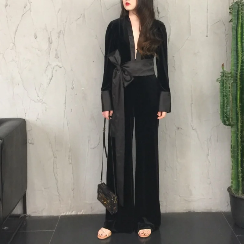 Velvet Celana Kodok Wanita 2019 Fashion Musim Gugur Romper Pesta Club Wear Playsuit Jumpsuit Hitam Elegan Celana Panjang DD1583