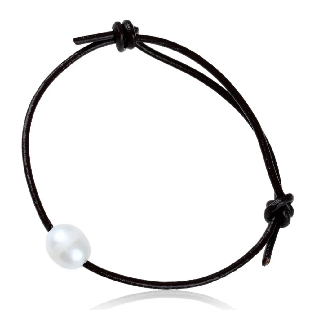 9-10mm Freshwater Natural Pearl Bracelet For Woman Genuine Leather Bracelet Brown Adjustable Rope Chain