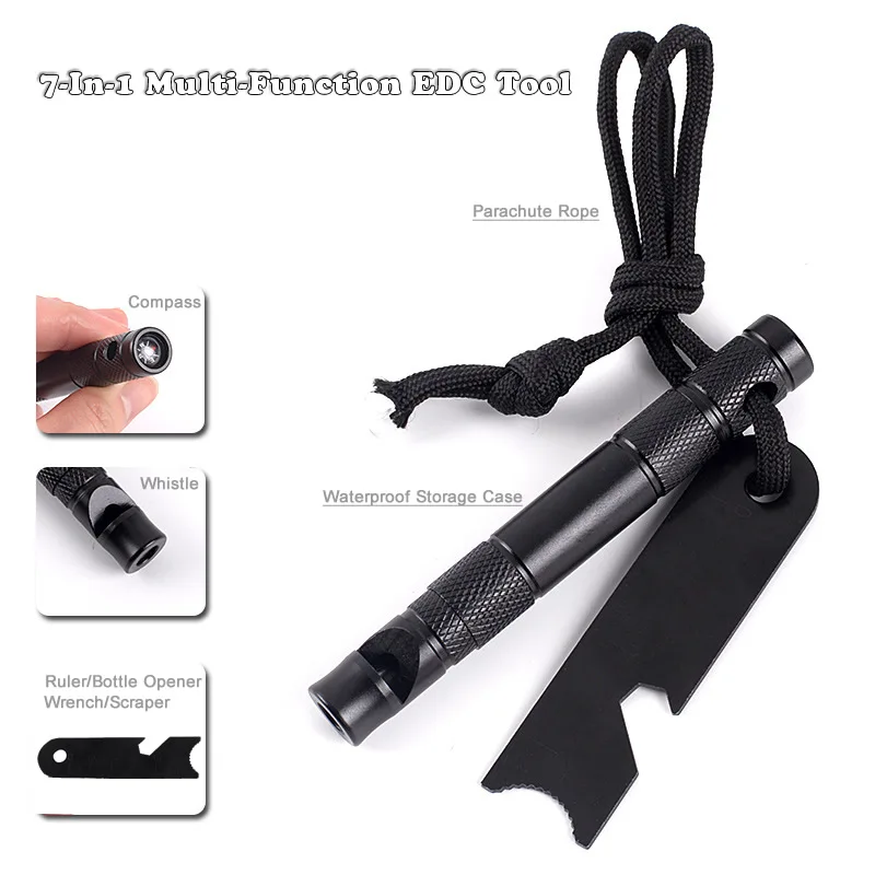 Herramienta EDC de supervivencia al aire libre portátil, silbato de emergencia, brújula, llave inglesa, regla, cuerda, funda impermeable, tamaño de