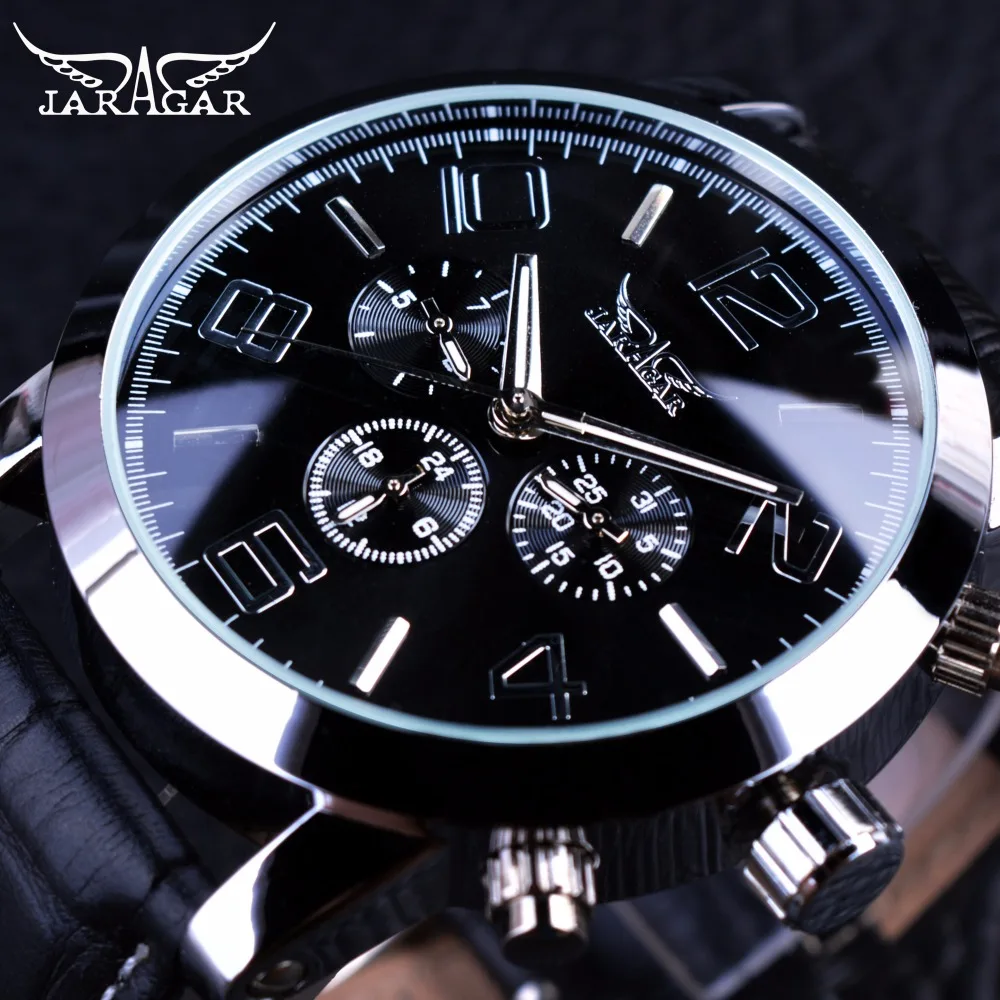 Jaragar 3 Dial Calendar Display Men Business Series Silver Case Men Watch Top Brand Luxury Genuine Leather Strap Automatic Watch