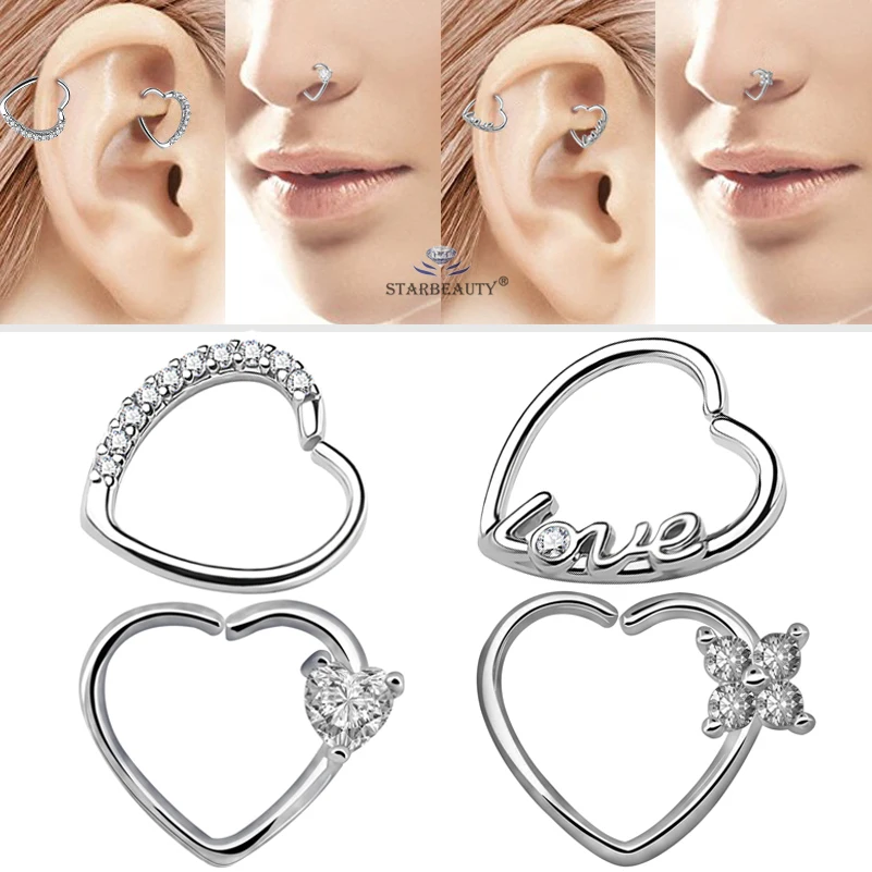 Starbeauty 2pcs/lot Left Right Ear Piercing Gem Heart Helix Piercing Tragus Piercing Orelha Nose Ring AAA Zircon Earring Jewelry