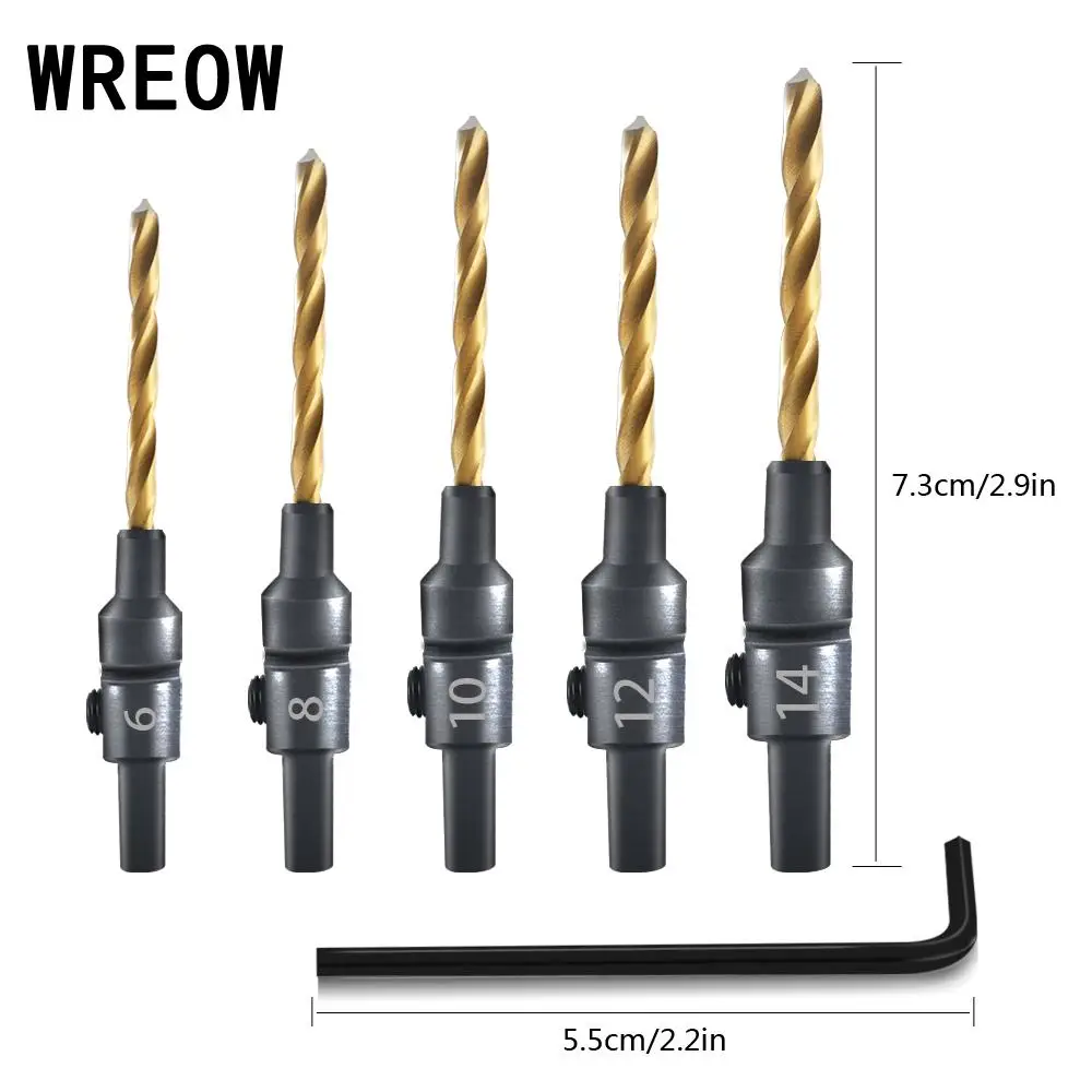 WREOW 5PCS Countersink Mata Bor S Woodenworking Countersink Mata Bor Counterbore งานไม้เจาะรูนักบิน Hex ประแจ