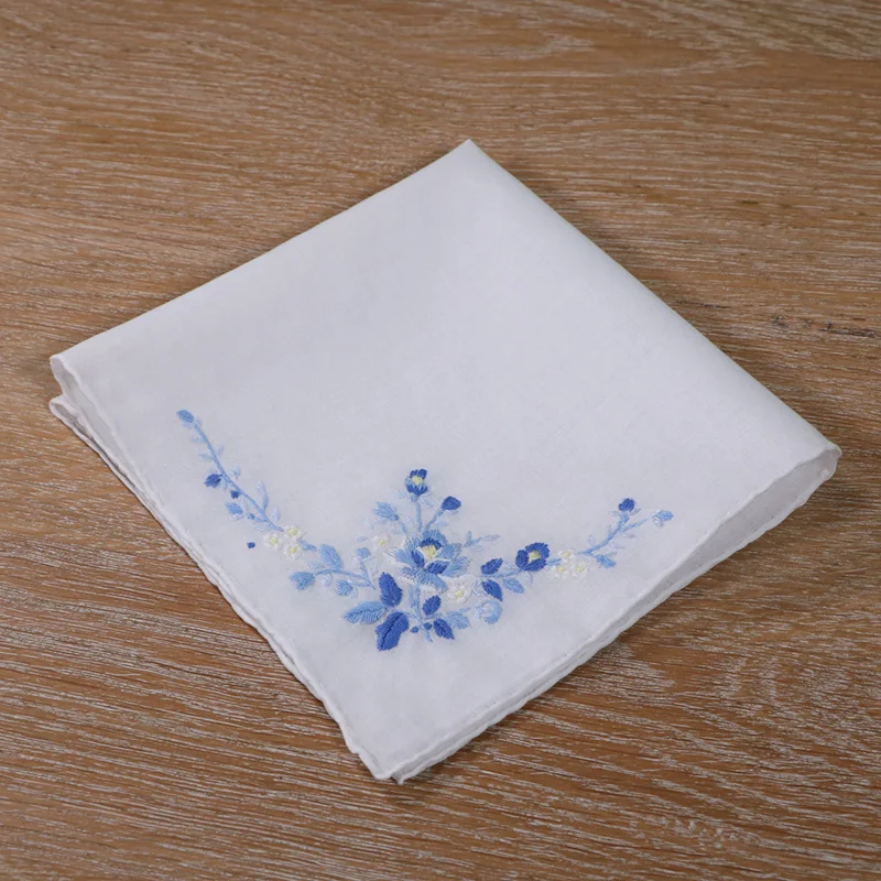 S005-B : Delicate 100% cotton Handmade Embroidered/ hand embroidery blue rose handkerchief