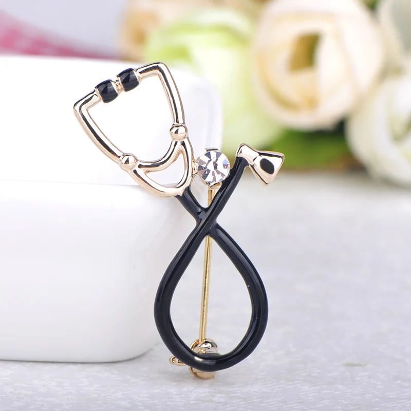 Madrry Classic Vivid Stethoscope Shape Brooch Black Enamel Crystal Brooches Doctor Nurse Gift Women Suit Coat Corsage Jewelry