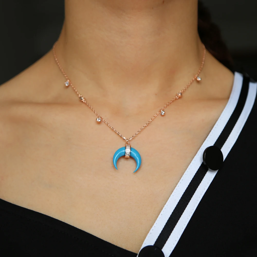 New Arrival Rose Gold Silver Color Blue Turquoises Howlite Blue Stone Crescent moon Horn trendy Necklace For Woman Boho Jewelry