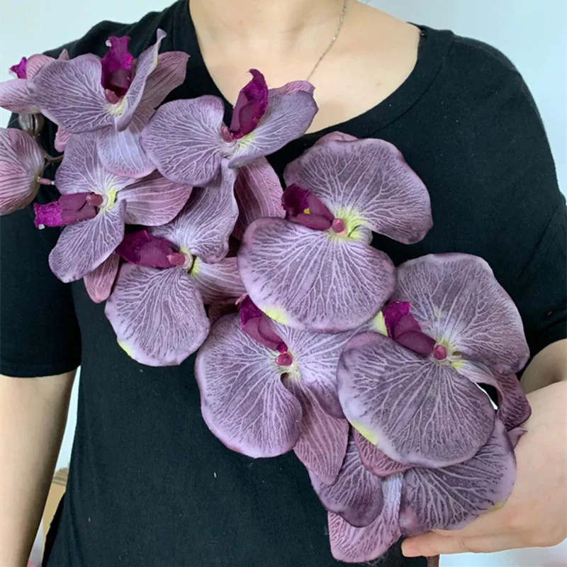 6pcs Silk Black Moth Orchids Phalaenopsis Butterfly Orchid Flower Big Size Heads  for Wedding Decorative Artificial Flowers