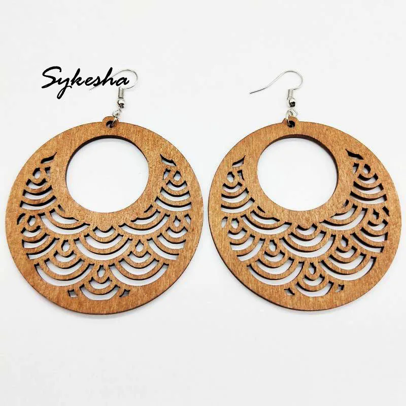 National Retro Wood Cut Tree Leaves Hollow Round Drop Earrings Wooden Indian Africa Jewelry