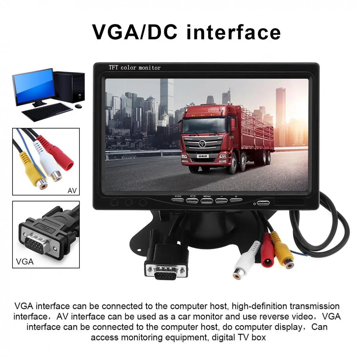 1024x600 7 Inch Multifunction Car Home Monitor 12V Bright Color VGA Interface TFT LCD AV Auto Video Player