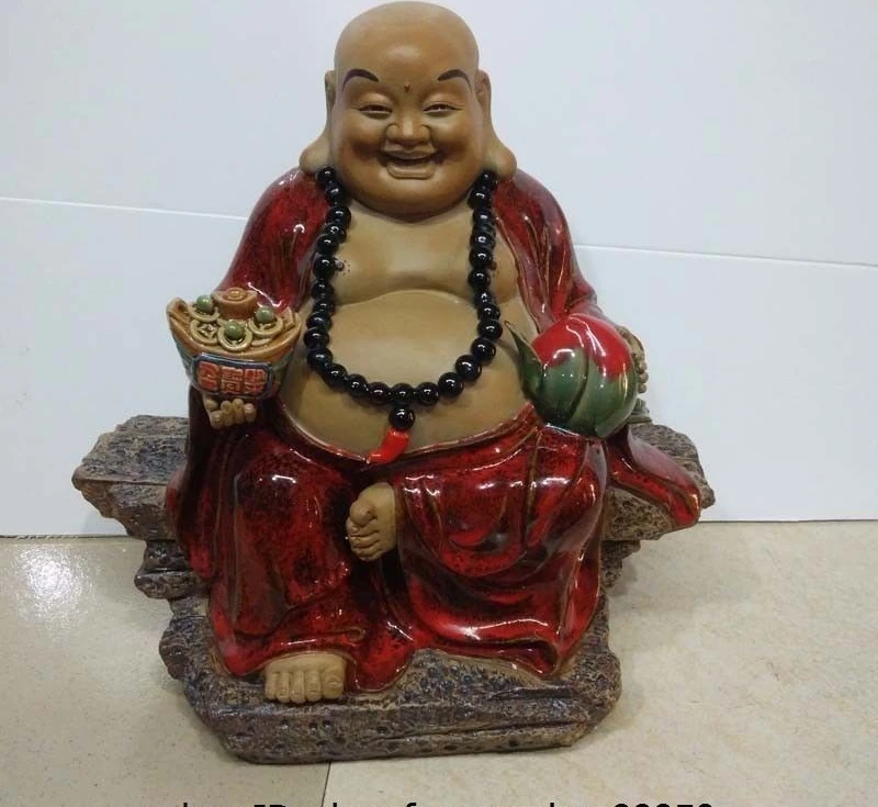 

Китайская фарфоровая статуэтка Wucai, керамика Yuanbao, персик, счастливый смех, Maitreya, Будда
