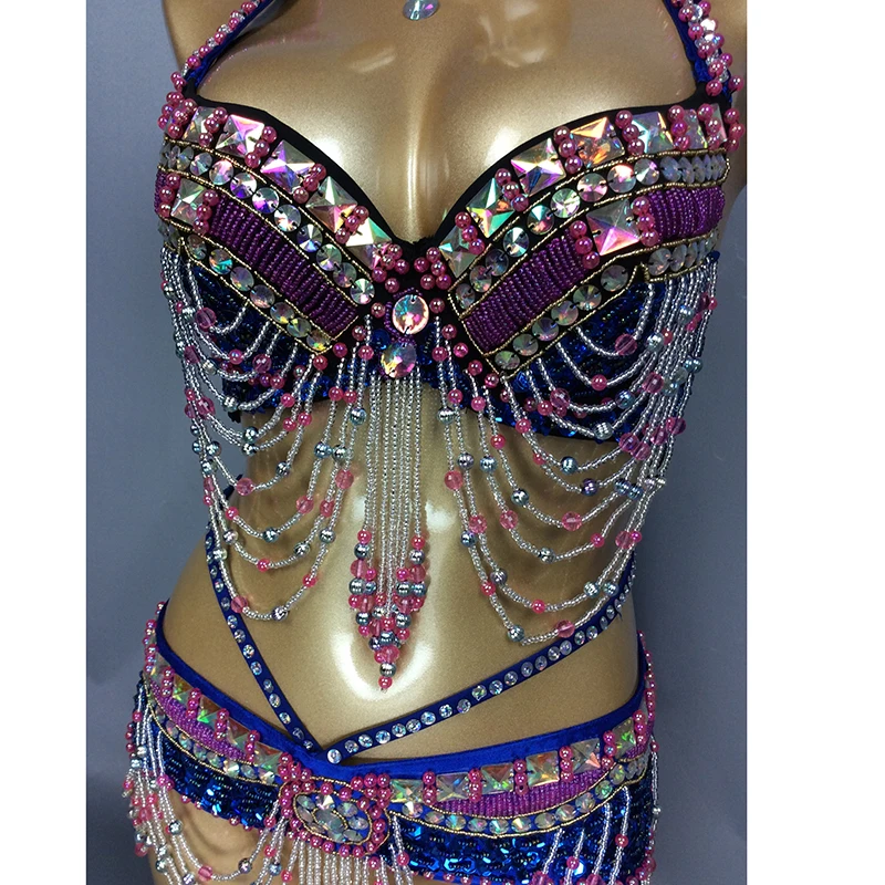 New Women\'s beaded belly dance costume Halloween wear Bra Belt 2pcs set ladies belly dance costumes Christmas party dancing wear