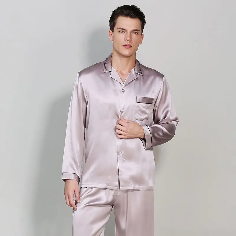 Man\'s Spring Autumn Long-Sleeved Genuine Silk Pajamas Two-Piece Sets 100% Silkworm Silk Sleepwear Male Casual Home Clothes T9010