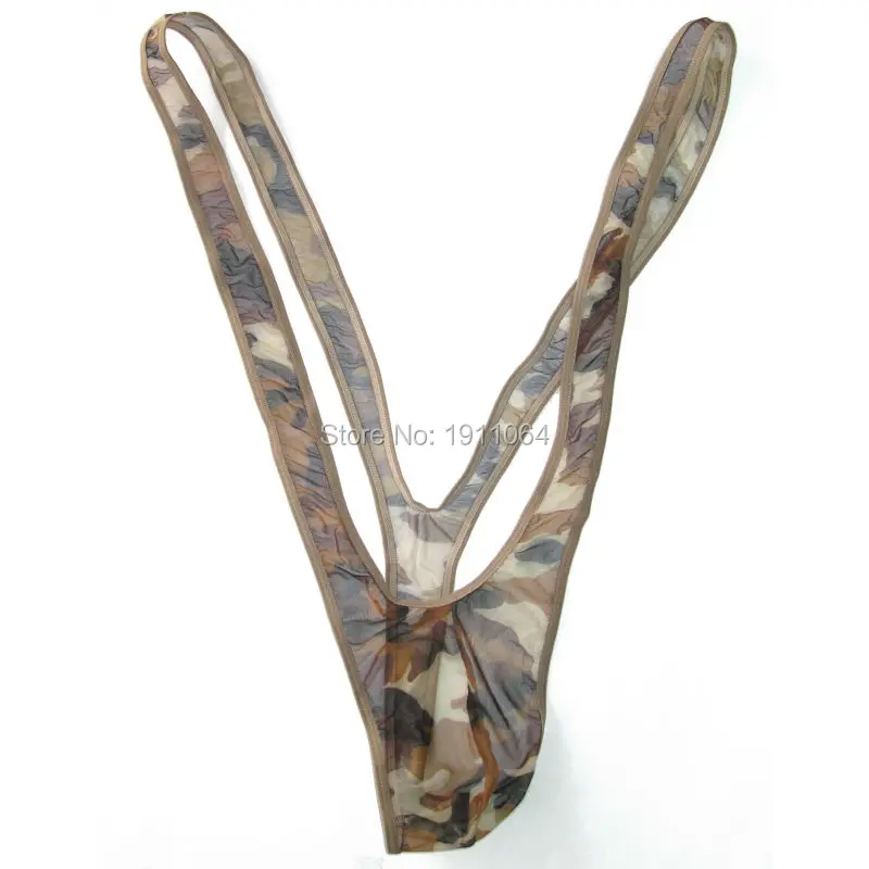 

mens G5980 borat mankini swimsuit thong deep V-neck C-thru Mesh Camo print