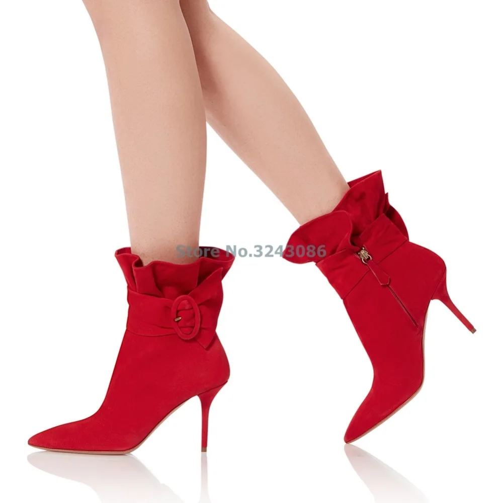 Ruffles Suede Ankle Boots Red Black White Pointed Toe Thin High Heel Short Boots Zipper Buckle Strap Women Boots