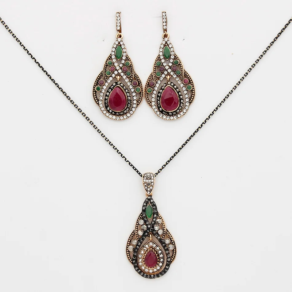 Vintage Turkish Women Jewelry Sets Long Hook Dangle Earring Water Drop Pendant Necklace Antique Gold Color Arabic Bride Bijoux