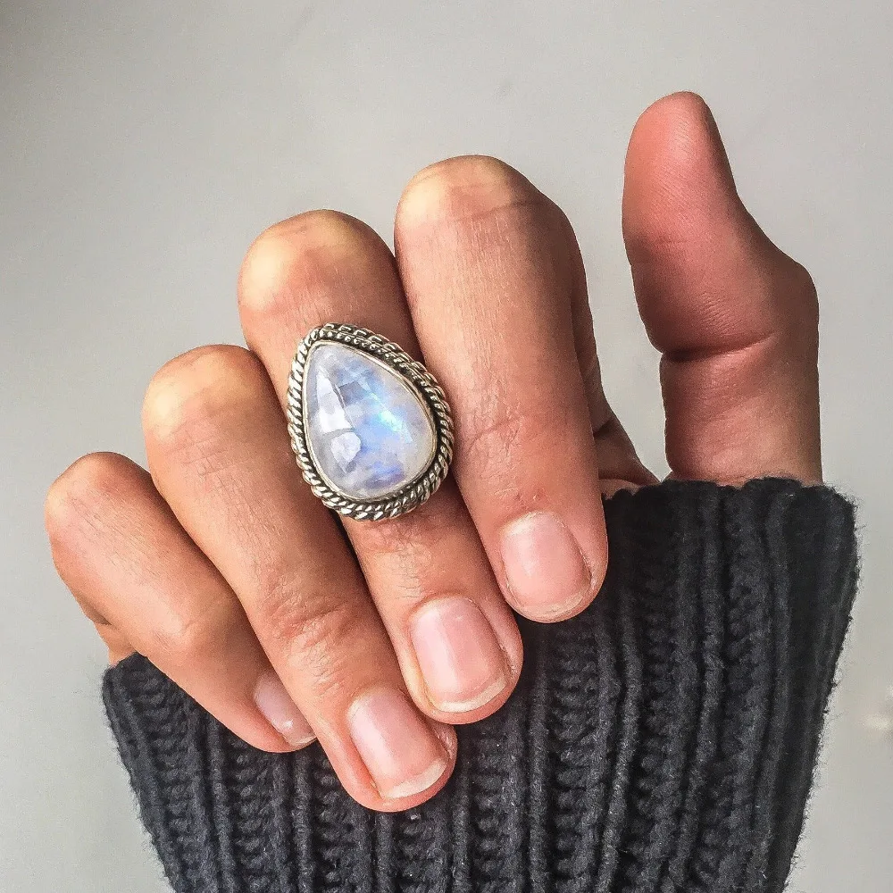 Wholesale Silver Color Big Manmade Moonstone Rings for Women,Large Antique Punk Jewelry Marquise Ring Charm Engagement Rings