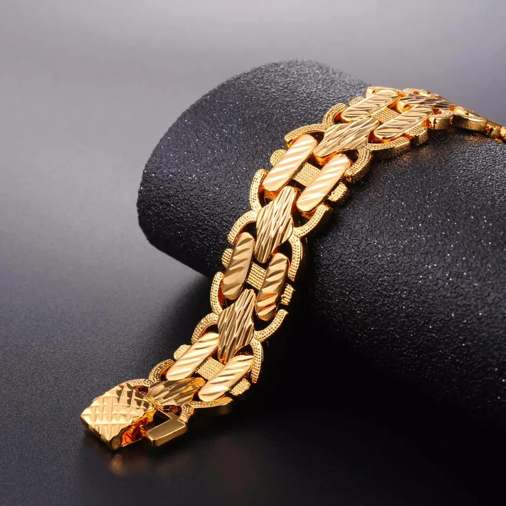 U7 Flat 17mm Wide 21cm Bracelet Bangle Silver Gold Color Hand Chain For Men/Women Retro Style Jewelry QC24