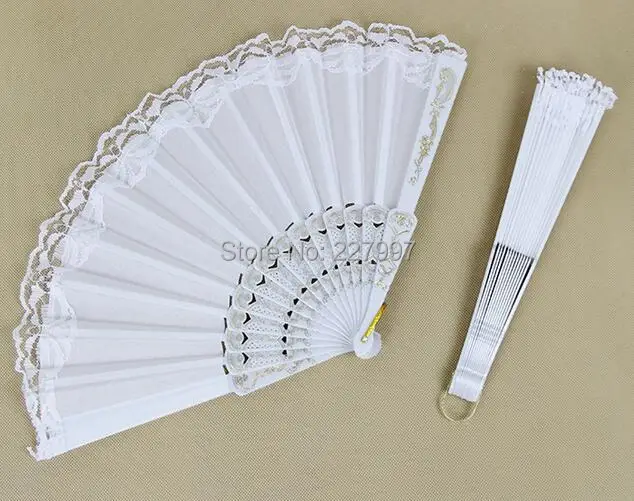 100pc 25*44cm White Folding Fan Silk Lace Engraved Gold Pattern Rib Bridal Fan Decor Photo Booth Props wedding/party decoration