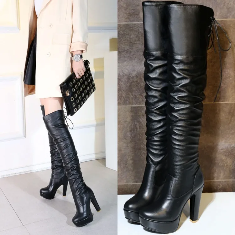 2021 Women Boots Stretch PU Leather Over The Knee High Sexy Ladies Party High Heels Platform Shoes Woman Black Plus Size 43 dfv3