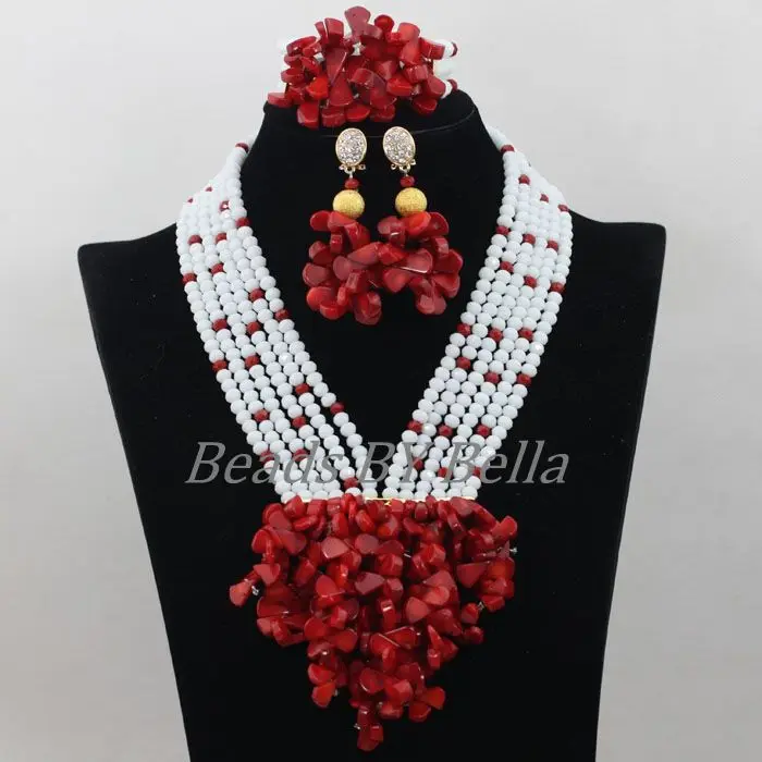 Hot Sale Red Coral Beads White Crystal Jewellery Necklace Set Nigerian Wedding African Bridal Jewelry Sets Free Shipping ABF659