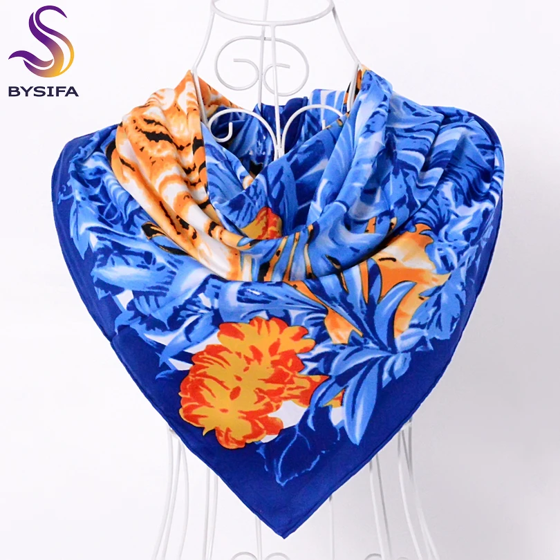 [BYSIFA] Blue And Brown Women Silk Scarf Shawl Wraps 90*90cm Female Autumn Winter Large Square Scarves Turkey Headscarf Echarpe