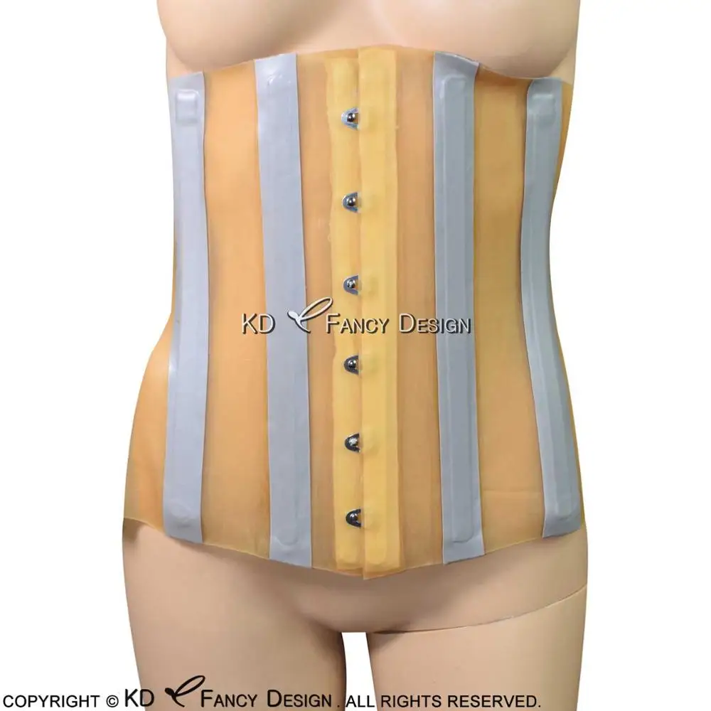 Transparent And Silver Sexy Latex Corsets With Stripes Lacing At Back Rubber Bustiers Top Clothing CY-0009