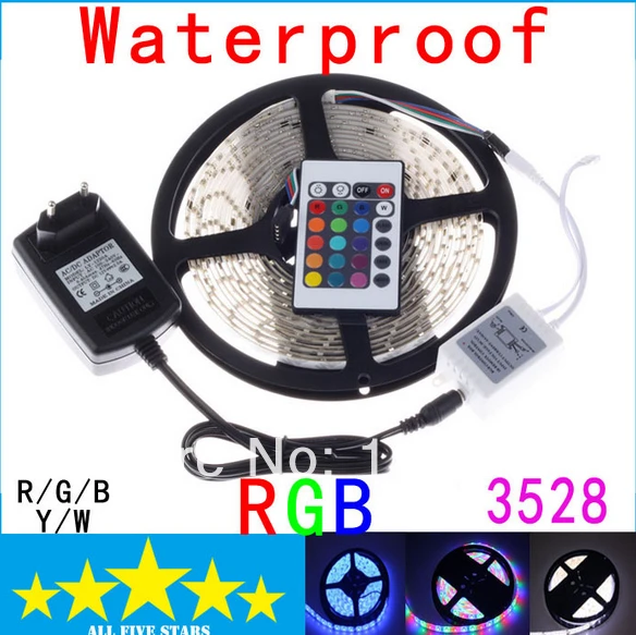 Waterproof 3528 RGB LED Strip 5M 300 Led SMD IR Remote Controller 12V 2A Power Adapter Flexible Light Free Shipping