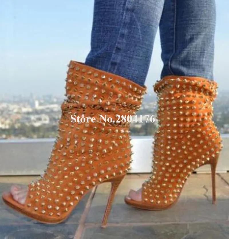 Brand Fashion Women Peep Toe Suede Leather Rivet Thin Heel Slip-on Short Boots Rose Pink Spike High Heel Ankle Wrap Booties