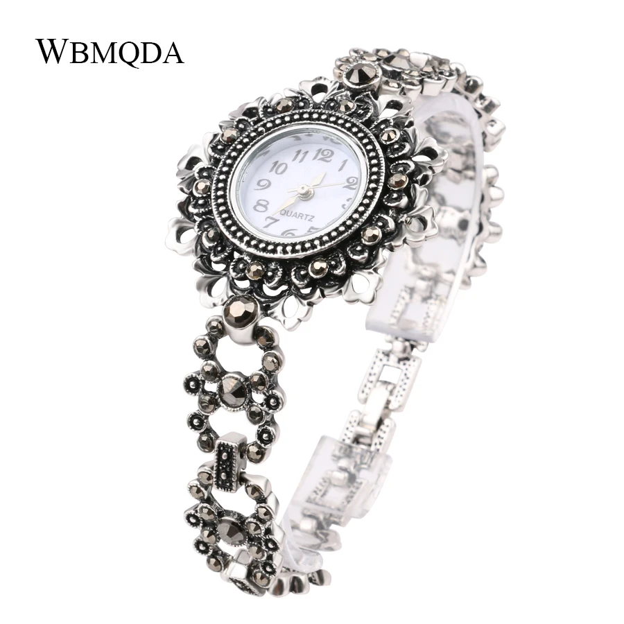 Wbmqda 2018 New Arrivals Vintage Silver Plated Hollow Floral Crystal Metal Watch Bracelets For Women Fashion Jewelry