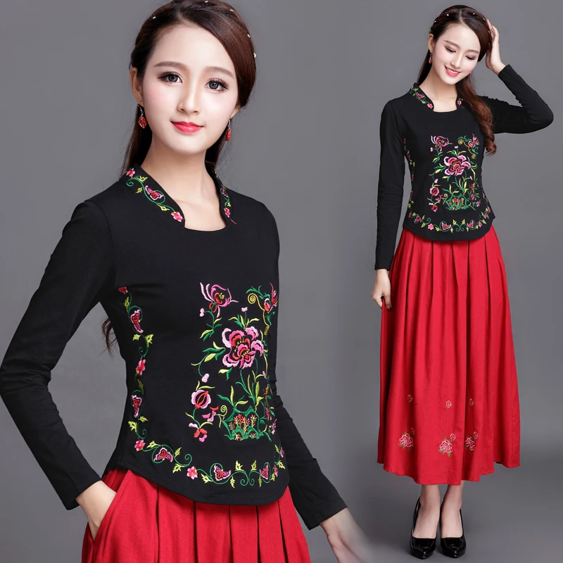 Plus size T Shirt Women Cotton Basic Tshirt Long sleeve Vintage Ethnic Embroidery High quality Ladies Tops Casual 4XL 5XL 6XL