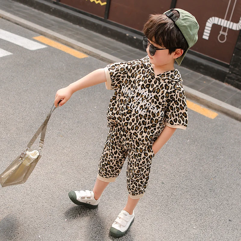 

Foreign Trade Boys Leopard-Print Short-Sleeve Clothing Set Summer Children's Handsome Clothes Baby Kids Cartoon Sports Suit B159