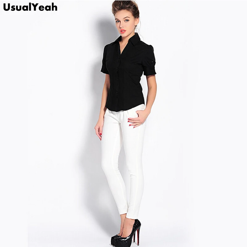 Pleated Dressy Women Blouses V Neck Solid Color Blouse Short Sleeve Shirt Slim Tops Black Blue White Ladies Office Shirt