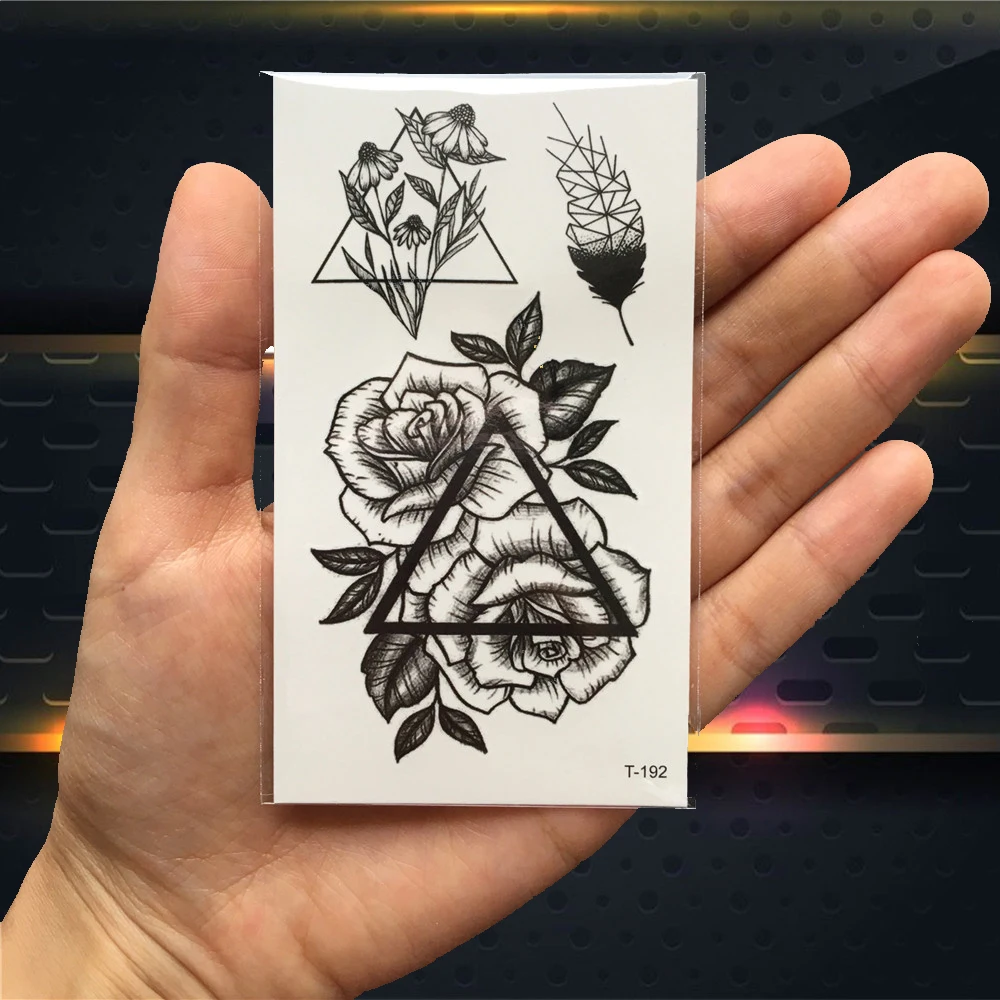 Black Triangle Rose Flower Fake Temporary Tattoo Sticker Women Girl Body Hands Ear Art Tattoo Children Waterproof Tatto 3D Kids