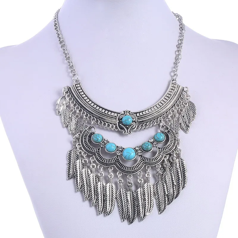 Vintage Statement Boho Necklace For Women Leaves Tassel Blue Black Red Beads Rhinestone Bohemian Necklace Party Jewelry Gift