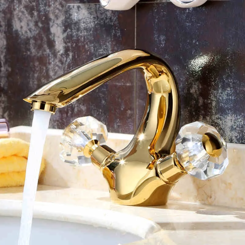 Gold Brass Crystal handle Bathroom Sink Faucet Unique design Deck Mounted copper Lavatory Faucet Cold and hot water Mixer Tap