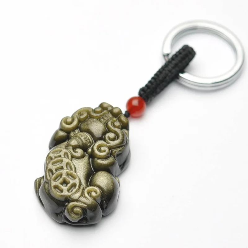 

Natural Stone Gold Obsidian Keychain pixiu Trinket Fashion Jewelry Ethnic Button Car Hanging Key Chain Mobile Phone Accessories