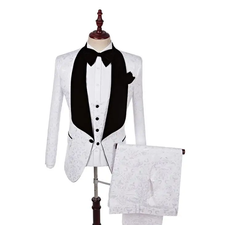 FOLOBE Men Suit One Button 3 Pieces White Jacquard Suits with Pants Tuxedo Shawl Collar Wedding Suits for Men Party Dress LS1602