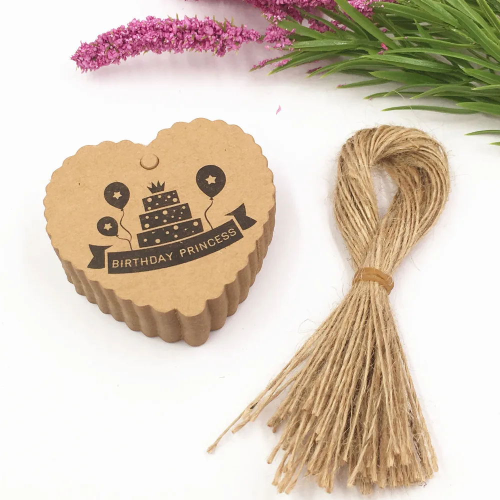 200pcs tags and 200pcs strings 6.5x6cm happy birthday kraft Tag for gift box and Paper Cards birthday cake Gift Tags