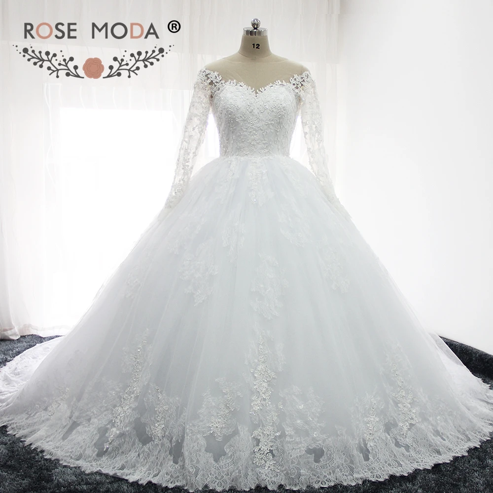 

Rose Moda Long Sleeves Puffy Lace Wedding Dresses with Ball Skirt Real Photos Custom Make