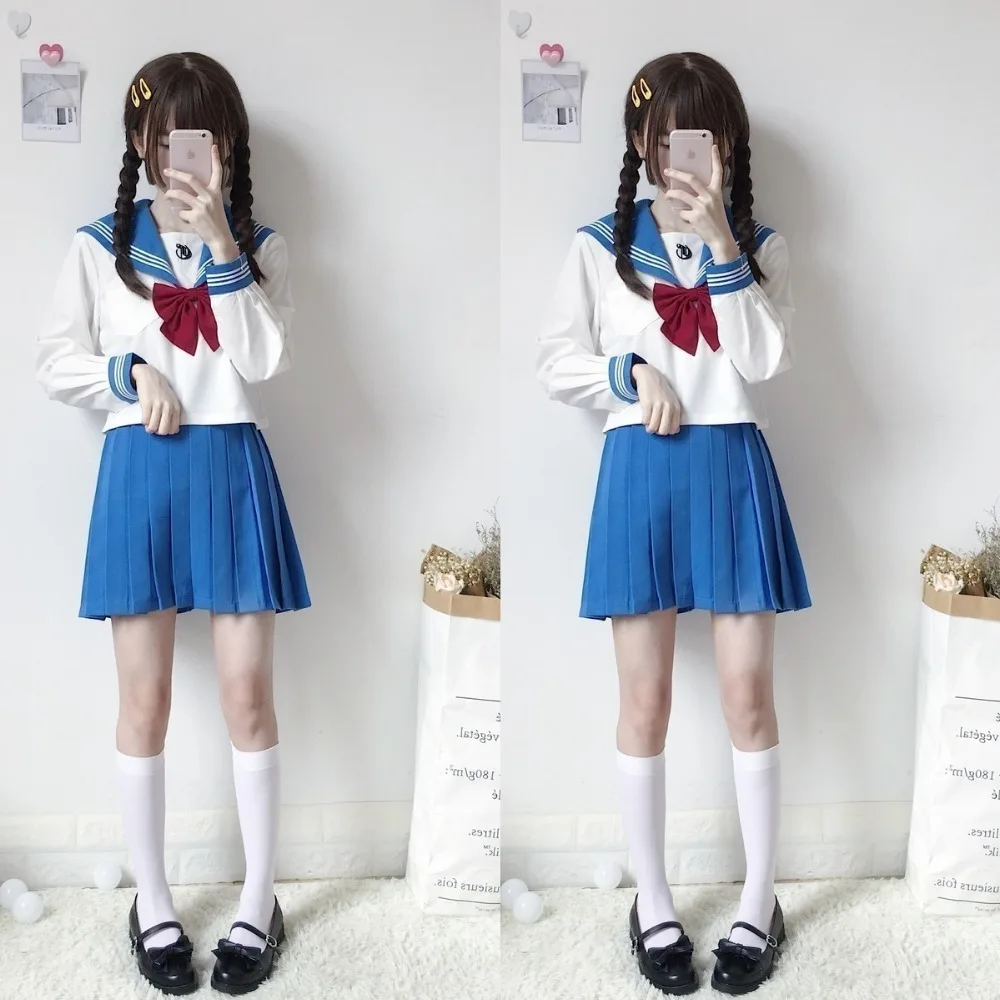 Japanese School Uniform For Girls Sailor Tops+Tie+Skirt Navy Style Students Clothes For Girl Plus size Lala Cheerleader clothing