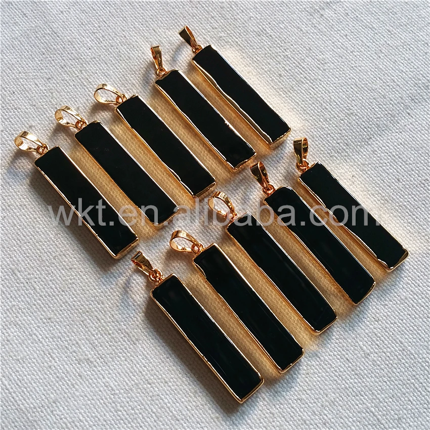 WT-P946 Wholesale Natural black bar a gate pendant with 24k gold trim fashion long rectangle black stone bar pendant 9*40mm