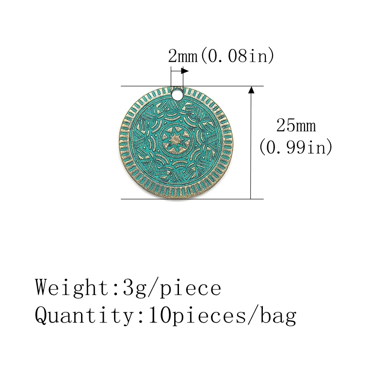 10pcs/bag 25MM Retro Patina Plated Zinc Alloy Green Round Coin Charms pendants For DIY Jewelry Accessories PJ015