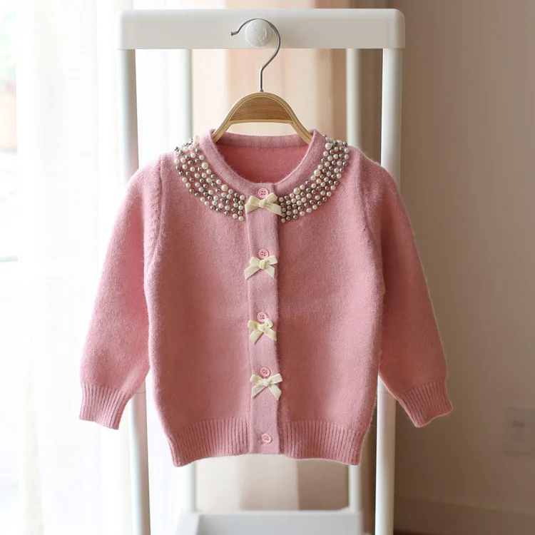 Children Clothing Kids Sweater Knitted Sweater Girls Sweater Beading Neck Girls Autumn Winter Cardigan